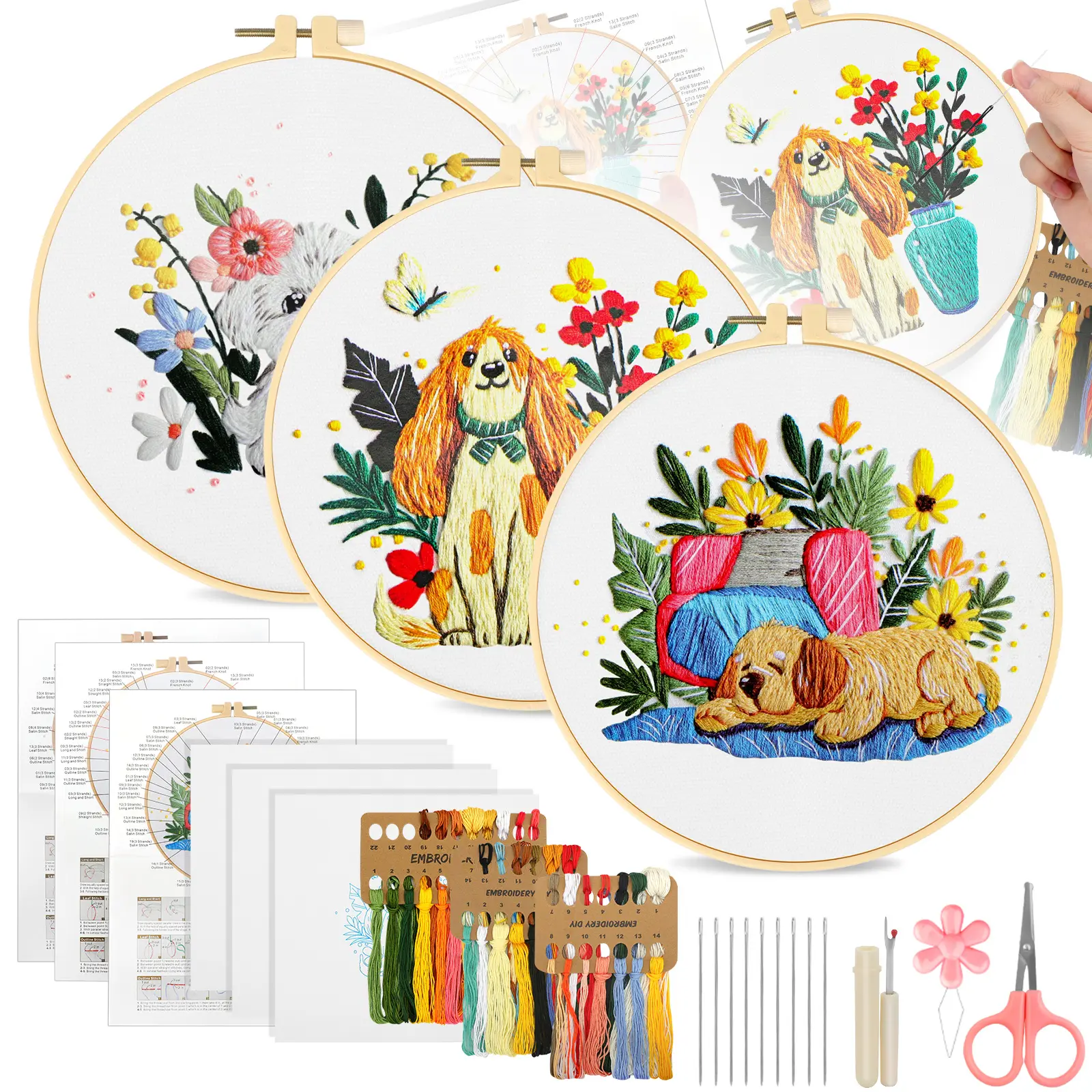 3 Set Dog Floral Embroidery Kit for Adult Beginner - DIY Needlepoint Cross Stitch Kits with Canvas,Hoop,Threads and Instructions,Gift for Birthday Christmas