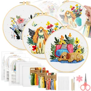 3 Set Dog Floral Embroidery Kit for Adult Beginner - DIY Needlepoint Cross Stitch Kits with Canvas,Hoop,Threads and Instructions,Gift for Birthday Christmas