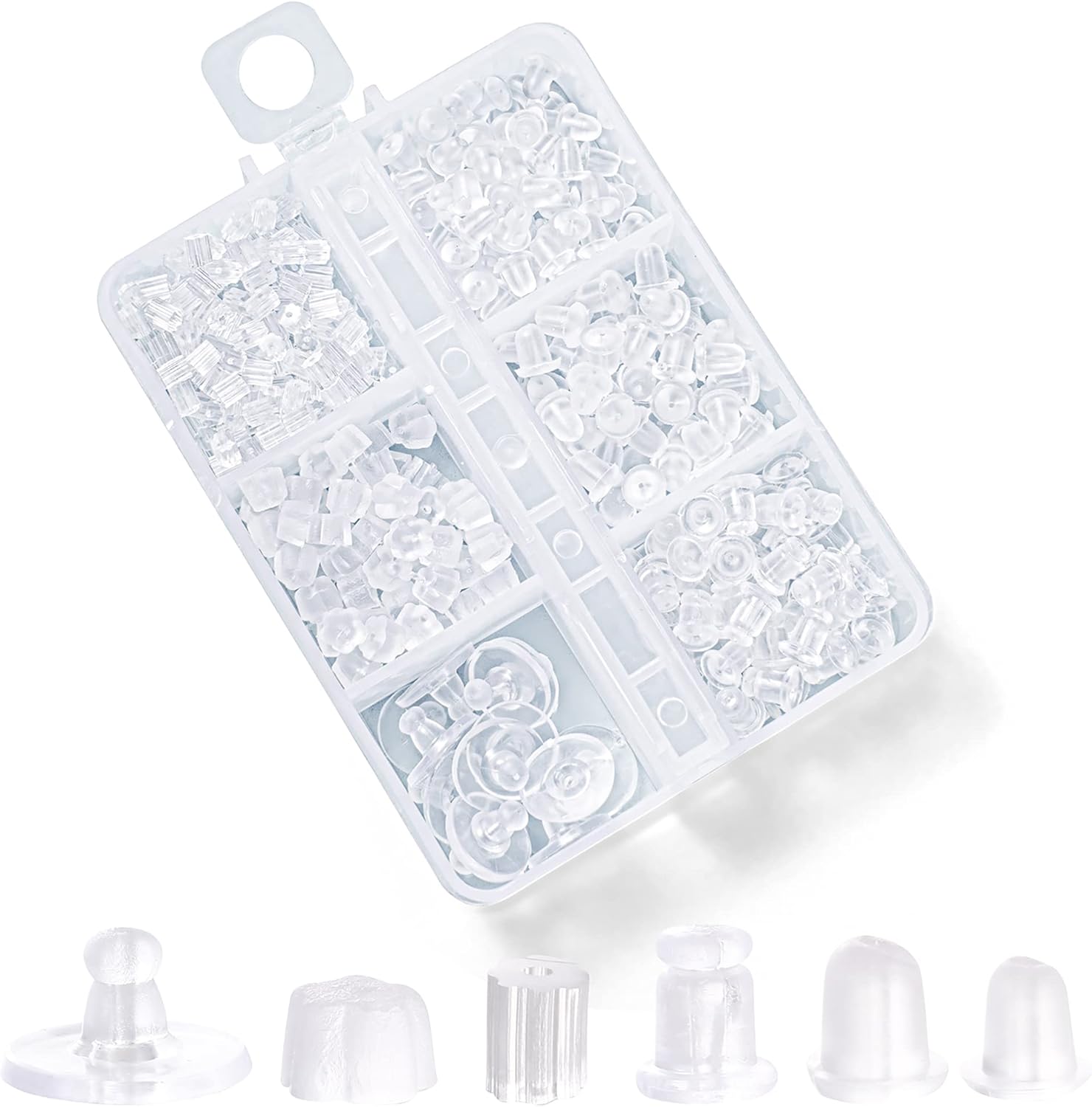 Silicone Earring Backs 600PCS – 6 Styles Clear Soft Hypoallergenic Plastic & Rubber Clutch Stoppers for Studs, Hoops & Fish Hook Earrings, Replacement Kit