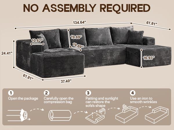 【3 Packages Shipping】HOOOWOOO 135 Inch Cloud Sectional Couches for Living Room, U Shaped Modular Sectional Sofa No Assembly, Plush Corduroy Large Floor Couch Set with Deep Seat(Gray)