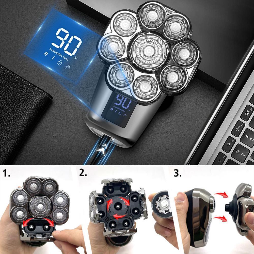 6-in-1 Electric Head Hair Shaver Mens Cordless Rechargeable Wet/Dry Skull & Bald Head Waterproof Razor with Rotary Blades, Clippers, Nose Trimmer, Brush, Massager Home&Travel Valentine Gift