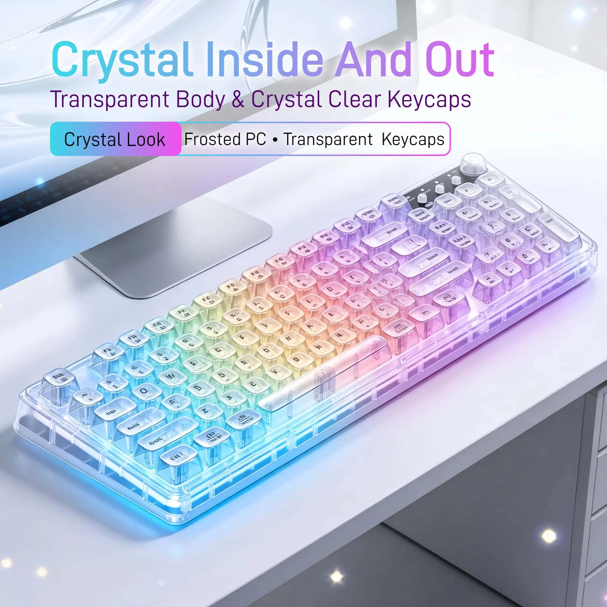 99-Key Crystal Look Mechanical Feel Gaming Keyboard for Gamers & Creators, Tri-Mode 2.4G Wireless-Bluetooth-USB-C Wired, RGB Lighting, Volume Knob, Long-Lasting Rechargeable Battery, Black/White/Purple Options