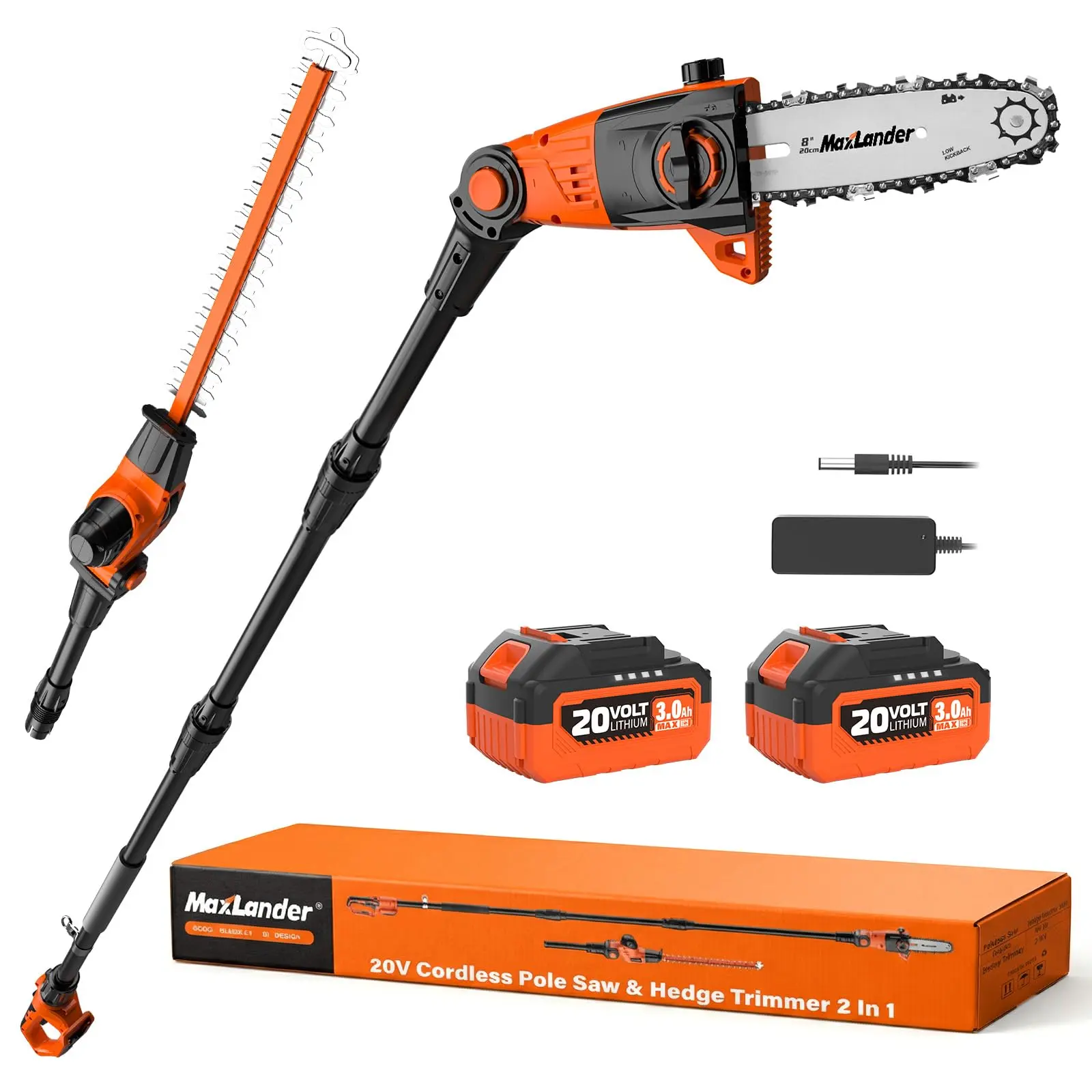 MAXLANDER 2-in-1 Design Cordless Pole Tool Set - 8-in Saw, 18-in Hedge Trimmers, 15-ft Max Reach, 16ft/s Speed, 20V Power Tool with 2.0Ah Battery, Batteries, Charger, Ergo Handle, 2900rpm Motor, Dual Mode for Tree Pruning, Branch Trimming, Yard Work, Rubb