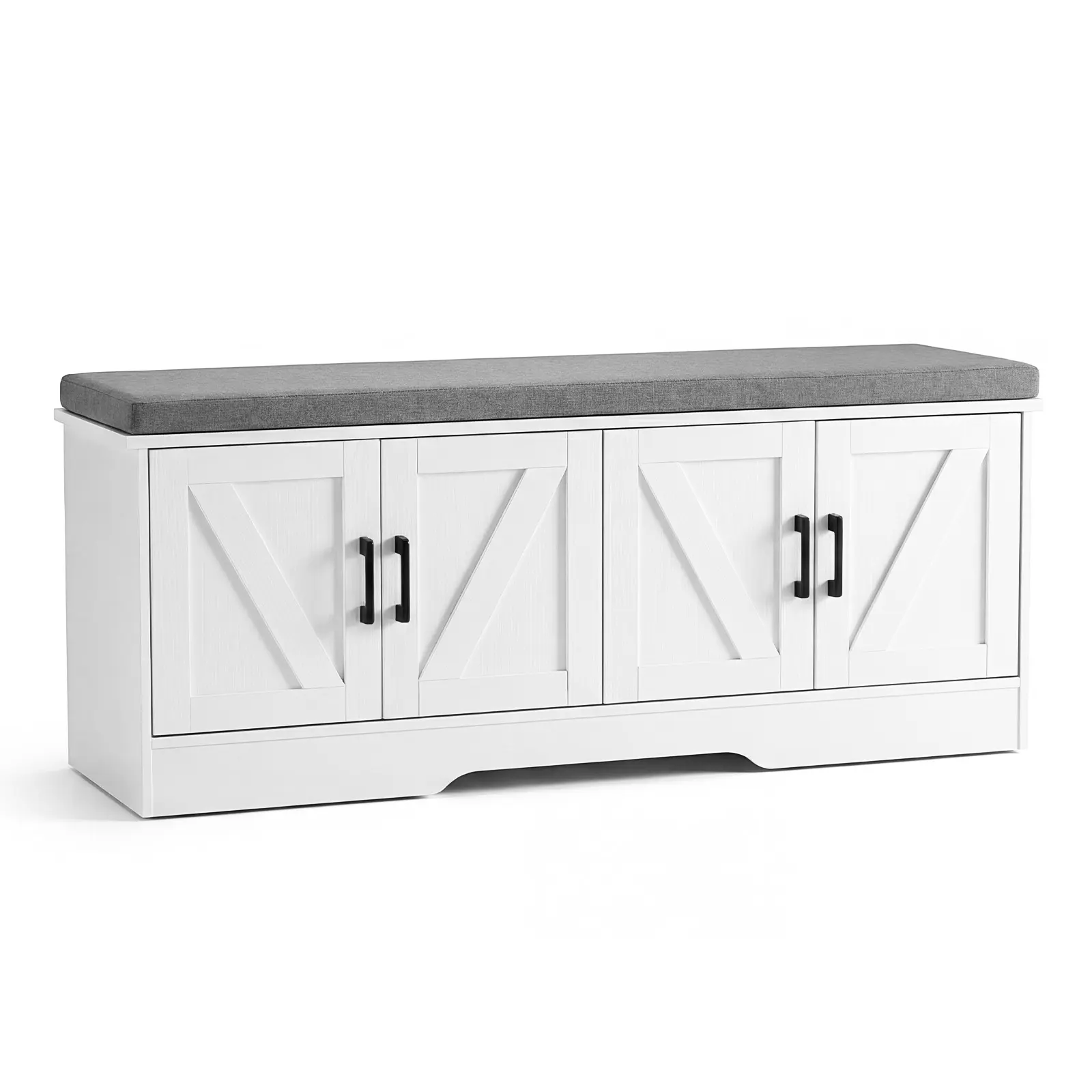 Sweetcrispy 47" Armless Modern Farmhouse Storage Bench - Wood Frame, 4 Barn Doors, Foam Cushion with Removable Washable Seat Cover, Adjustable Shelves, Supports 300lbs, Premium Bar-Pull Handles for Entryway, Bedroom
