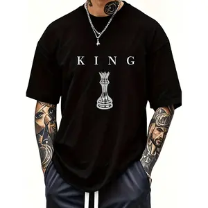 Casual• Mens 180Gsm Cotton T Shirt King Graphic Short Sleeve Round Neck Tee For Casual Attire White -1 B37