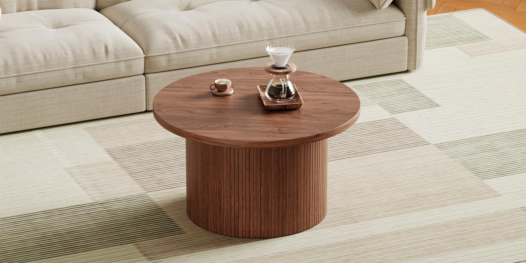 【SPOTLIGHT DAY】ONBRILL 31.5" Fluted Round Coffee Table, Modern Coffee Table with Wood Strip Base, Farmhouse Fluted Center Table for Living Room, Reception Room