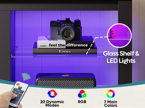 Bestier 70-inch Fireplace TV Stand with RGB Lights, Adjustable Glass Shelves & Remote Control