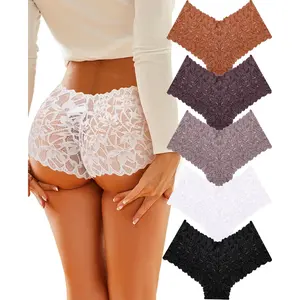 Women's Cheeky Lace Boyshorts (5-Pack) - V Waist Sexy Panties for Plus Size Comfort & Style casual comfy tummy control