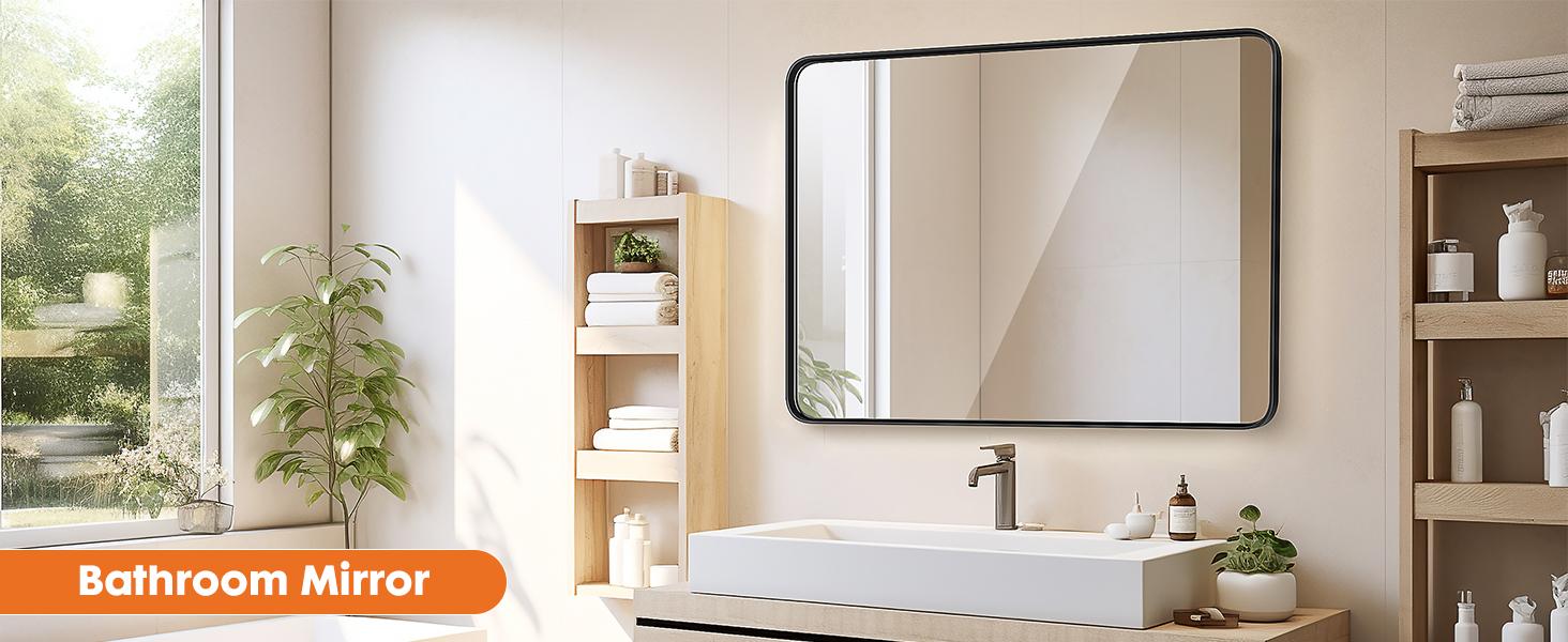 【Deal】Bathroom Mirror Wall Mirror for Bathroom Black Metal Framed Rounded Corner Rectangle Vanity Mirror, Large Mirrors for Wall, Anti-Rust& Waterproof 【Deal】Bathroom Mirror Wall Mirror for Bathroom Black Metal Framed Rounded Corner Rectangle Vanity Mirror, Large Mirrors for Wall, Anti-Rust& Waterproof