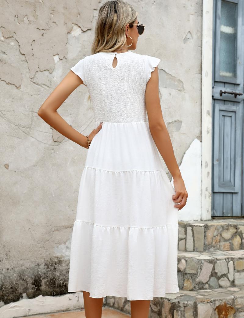 UMIPUBO Summer Flutter-Sleeve Ruched Layered Maxi Dress Casual Womenswear Summer Basic Minimalist