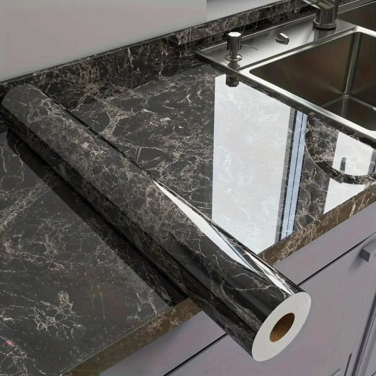 Glossy Marble-Look Self-Adhesive PVC Film, Heat-Resistant, Oil-Proof, Removable, Waterproof, Easy-to-Install for Kitchen Countertop, Backsplash Home Improvement Decor