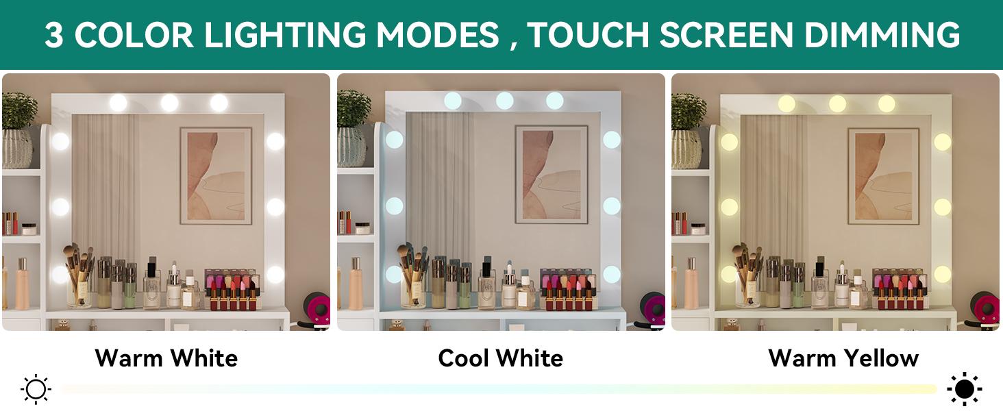 Yitahome Makeup Vanity with Lights and Charging Station, Vanity Mirror with Lights and Table Set, Large Vanity Desk with Storage Shelves, 3 Lighting Colors, White/Black