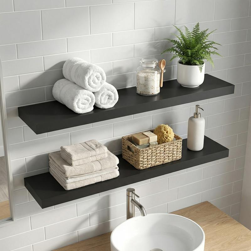 Spaco 35.4" Maple Black Floating Wall Shelves - Modern Wood Storage for Bathroom, Bedroom, Kitchen & Living Room (Invisible Brackets, Decorative & Functional for Books & Organization)