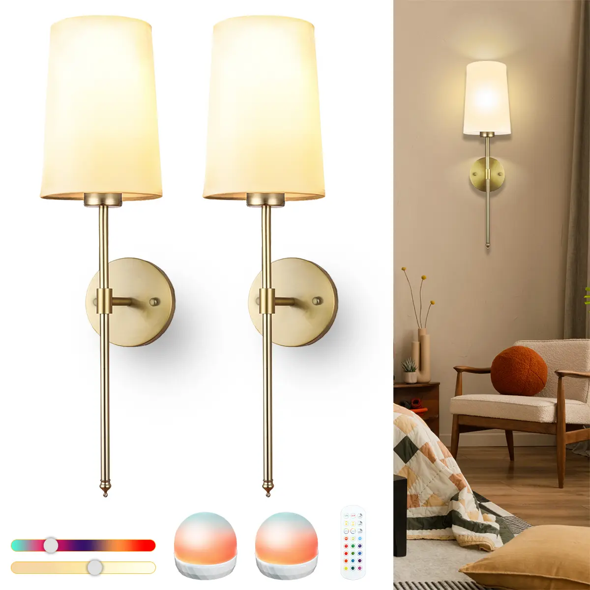 [DealsForYouDays] Battery Operated Wall Sconce Light with Remote Control, Rechargeable  15 Color Dimmable Led Light Set of 2 White Fabric Shade, Indoor Wireless Lamp For Bedroom Living Room