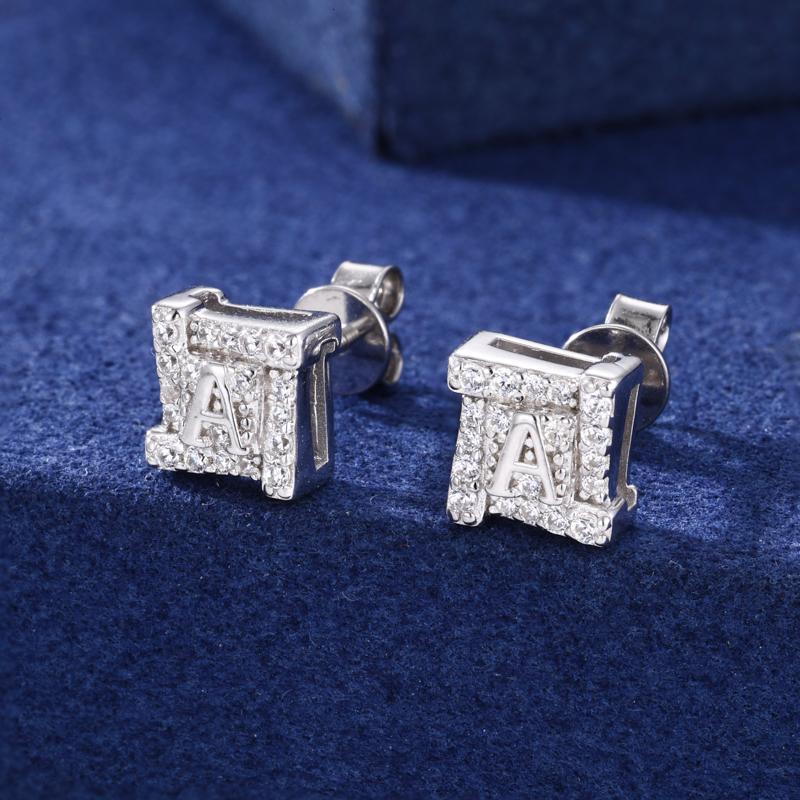 【#E592】Square letter Ice Out earrings UCCIYO Synthetic Moissanite Earrings For Women 925 Sterling Silver Stud Earring Men Hip Hop Jewelry Couple Gift