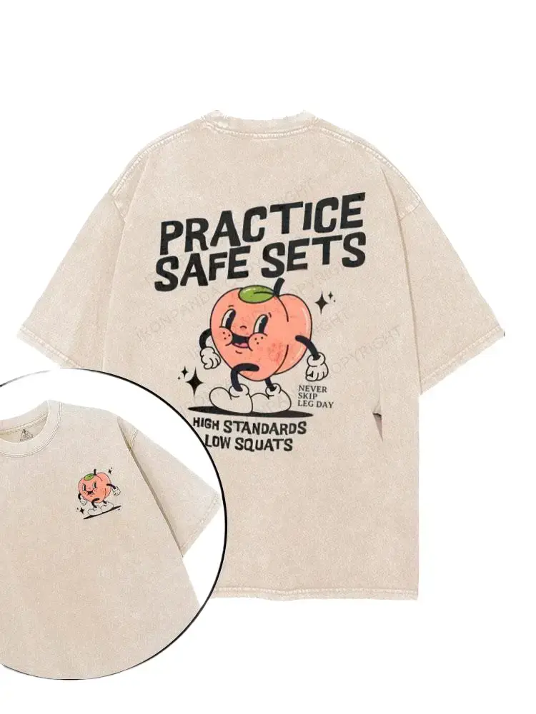 Washed T-shirt, Retro Vintage Limited Practice Safe Sets Graphic T-shirt, Funny Peach Gym Quote High Standards Low Squats Tee for Men and Women, Oversized Streetwear Unisex Shirt, Cute Workout Humor Top, Gift for Fitness Lovers