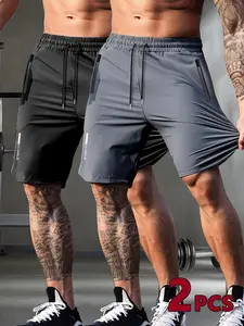 Men’s 2-Pack Ice Silk Quick-Dry Sports Shorts with Drawstring and Zipper Pockets, Perfect for Gym, Outdoor Activities, and Casual Wear