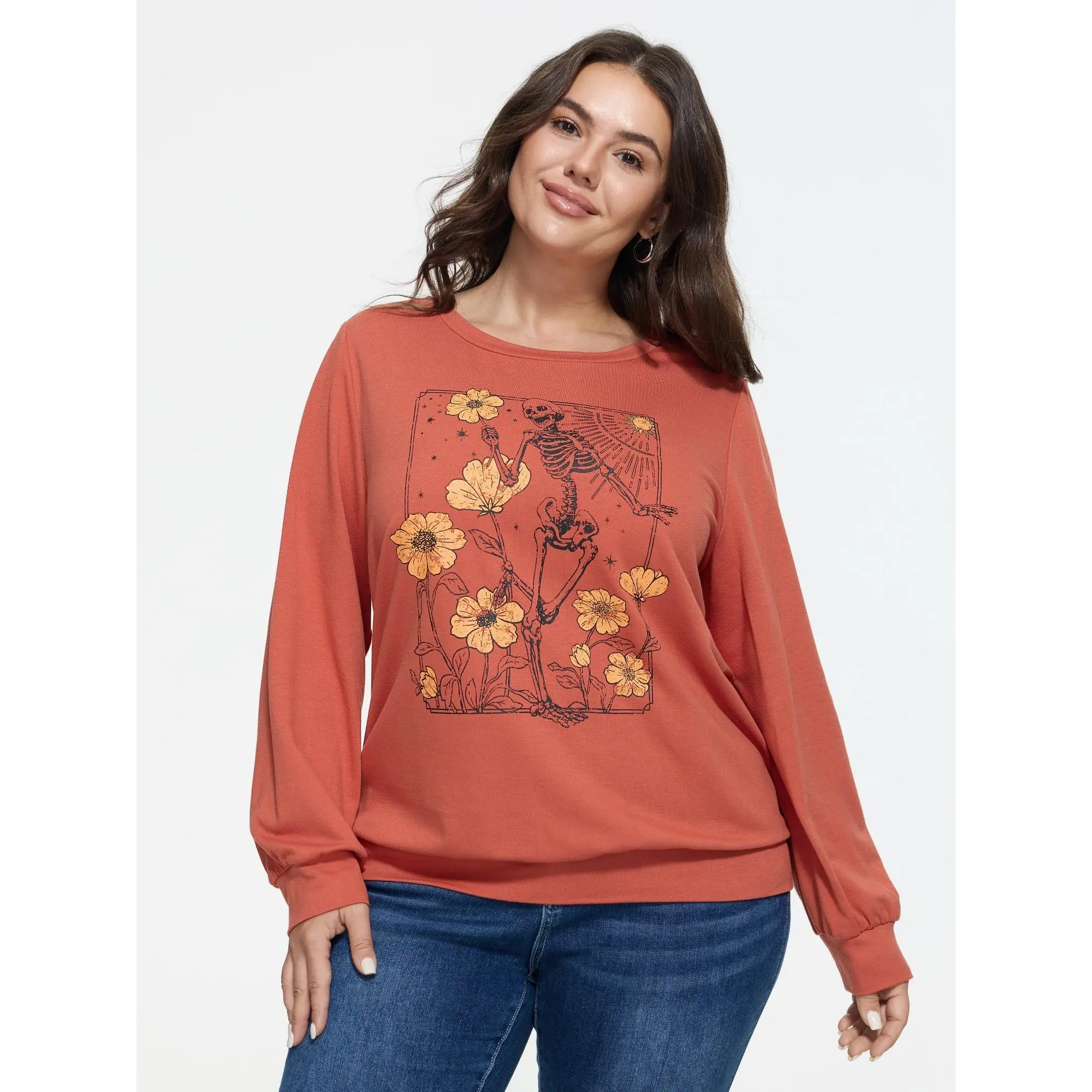 BloomChic Vintage Skull Sunflower Print Crew Neck Sweatshirt 【M-6XL】 BloomChic Vintage Skull Sunflower Print Crew Neck Sweatshirt 【M-6XL】