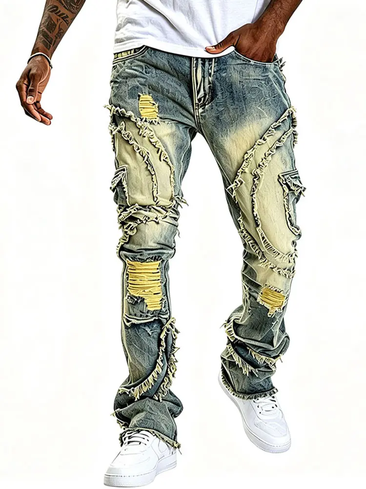 Men's slim-fitting distressed ripped denim jeans, vintage streetwear menswear, creative pocket edges, old stretch flared pants, all-season Y2K washed flanged fabric trousers, men's casual clothing