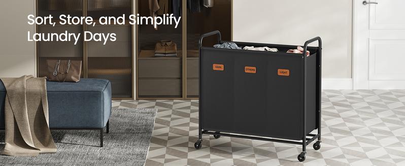 SONGMICS Laundry Hamper with Wheels, 3-Section Laundry Sorter, 44.9 Gal. Capacity, Portable Laundry Cart with 5 Labels