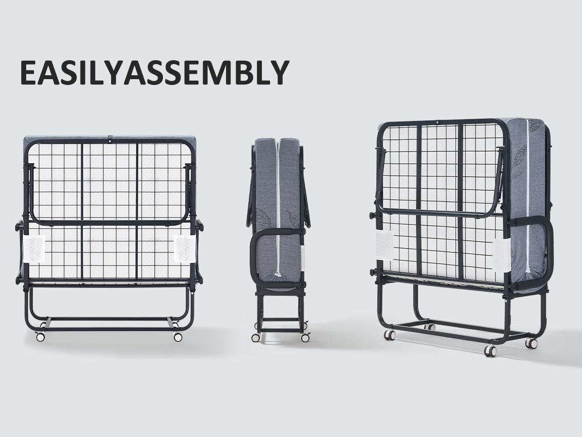 Folding Bed with Mattress, Twin Size Bed Frame, Portable Roll Away Bed with Memory Foam Mattress for Adults, Single Bed with 2 Armrests, 4 Wheels, Bed Side Pocket and Dust Cover