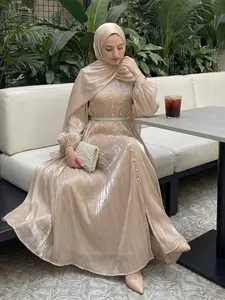 CL03 5 Pcs set Abaya with Hijab Sage Green Long Sleeve Dress with Pearl Belt and Matching Hijab Included Polyester Fabric khimar haute outfit style affordable casual muslim clothing modest set on sale clothing woman garments wear,Fashionweek