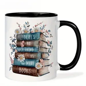 Book Lover 11oz Ceramic Coffee Mug Aesthetic "No Such Thing As Too Many Books" Floral Tea Cup Unique Literary Gift for Readers Teachers Librarians