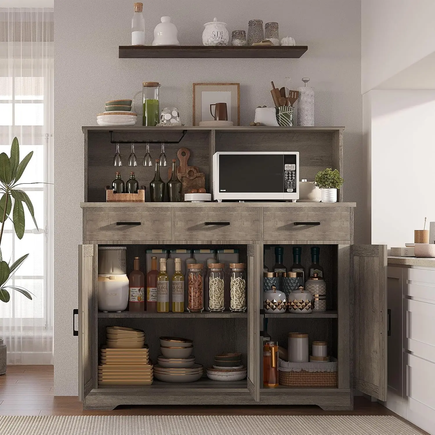 Microwave Cabinet with Three Drawers  Double-Sided Modern Kitchen Furniture  Kitchen Storage Cabinet with Drawers and Doors Microwave Storage Cabinet Multi-Door Microwave Stand  Grey