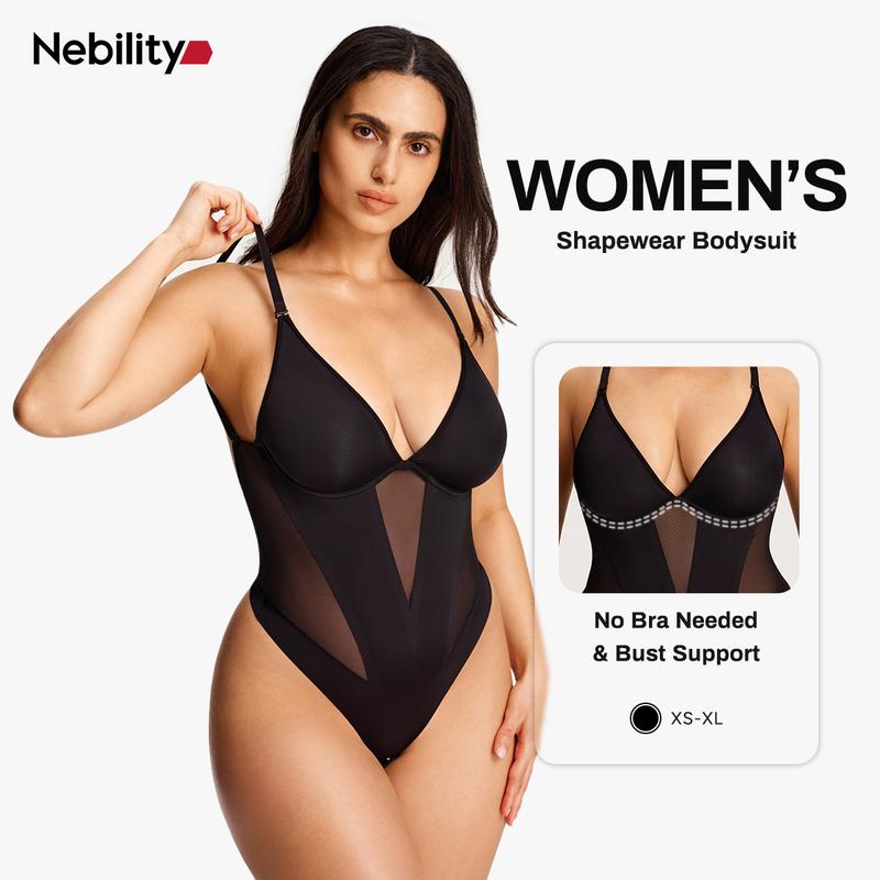 Nebility Women's Deep V Mesh Shapewear Bodysuit with Adjustable Straps for Chest Support and Tummy Control Thong Design for Snatched Waist Womenswear Compression Basic Minimalist Black
