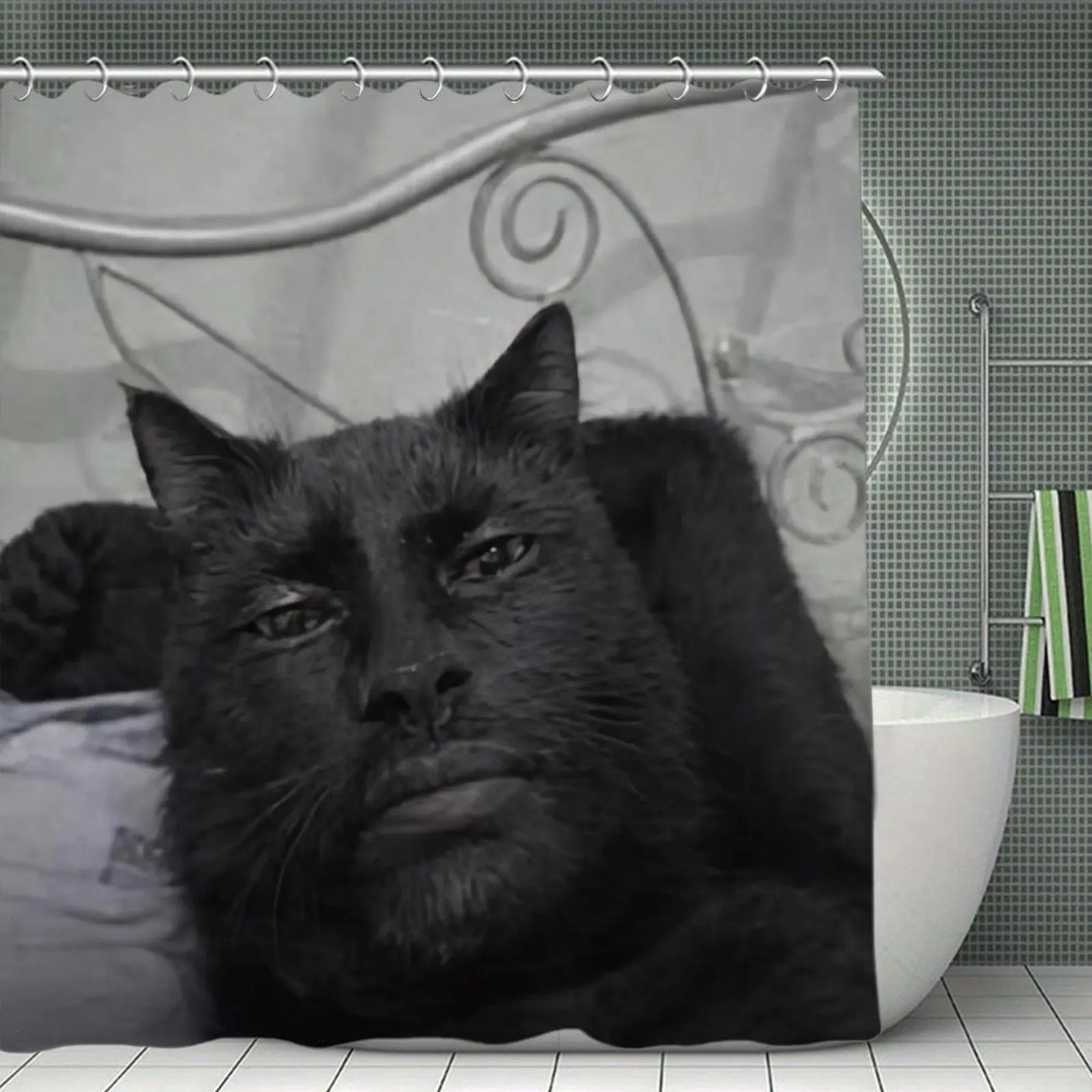 Printed Waterproof Human-Faced Black Cat Plastic Shower Curtain with Stainless-Steel Accents - Bathroom Bathtub Window Decor for Weird Funny Pet Themed Spaces