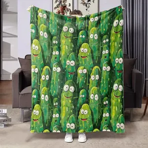 Cartoon Pickle Print Fleece Throw Blanket, Soft and Funky Cartoon Fruit Fleece Blanket for Boys Girls Men Women, All-Season, Contemporary Style, Digital Print, Mixed Colors, Polyester Cover, 200-250g Square, Ideal for Bed, Sofa, Chair, Living Room Decor