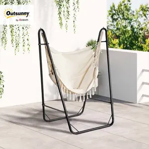 Outsunny Patio Hammock Chair with U Shape Stand, Outdoor Hammock Swing Hanging Lounge Chair with Side Pocket, Brown/Black/Cream White