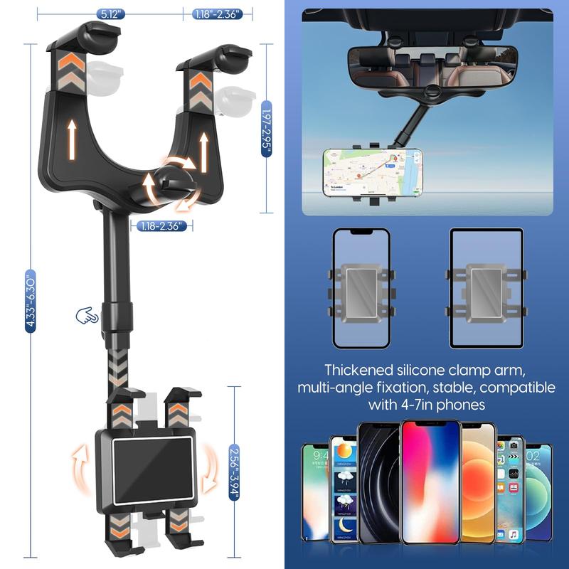 Rearview Mirror Phone Holder for Car, 360° Rotating Rear View Mount with Adjustable Arm Length, Multifunctional and GPS Universal Car All Smartphones