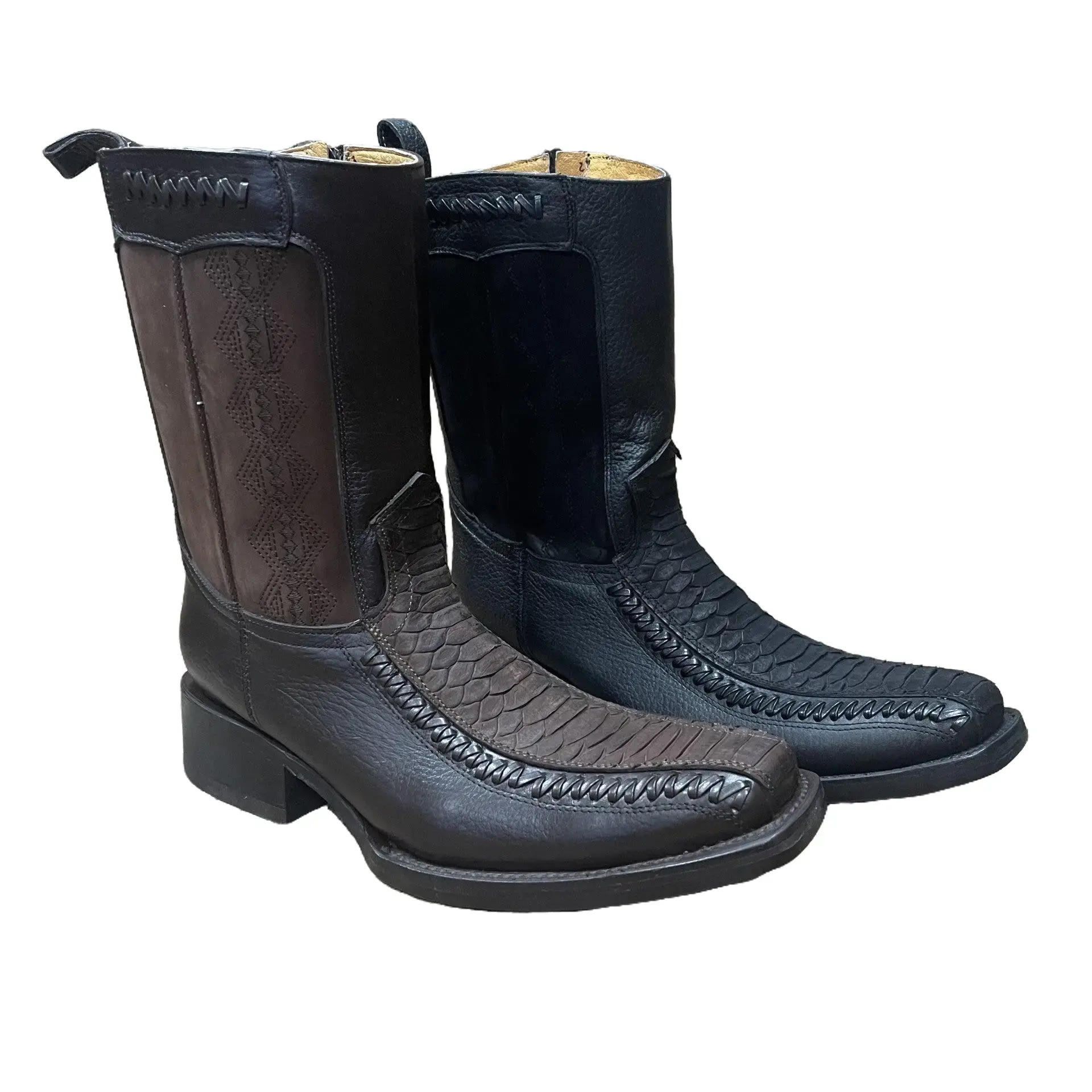 Men's Western Rodeo Cowboy Boots Dubai Toe Genuine Cow Leather Side Zipper Embossed Leather Pattern Handmade in Mexico Est. 260