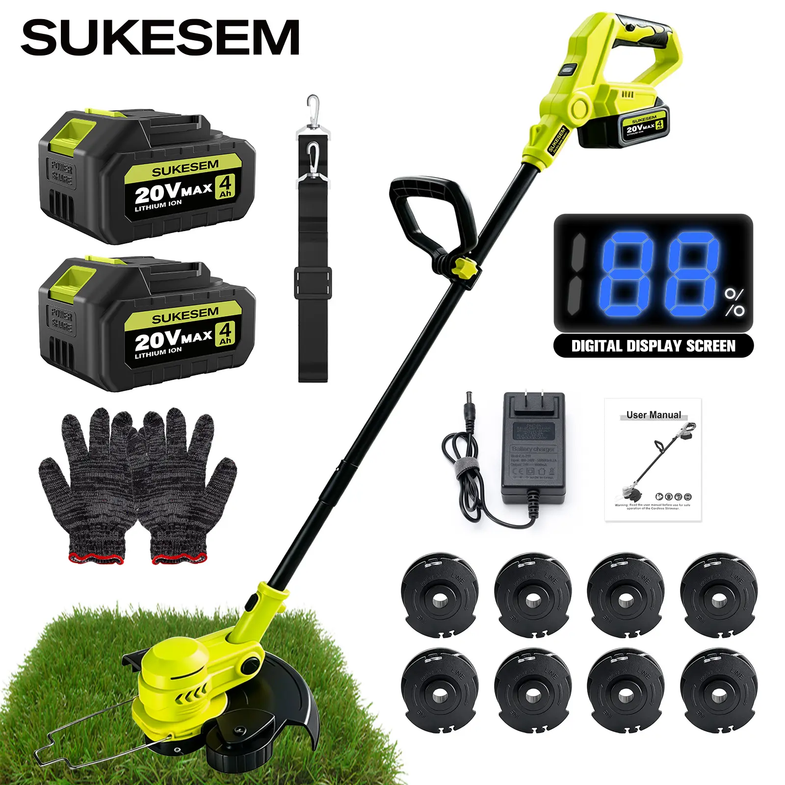 SUKESEM 20V Cordless Garden Grass Trimmer - Lightweight Handheld Battery-Powered Garden Tool with 8 Bonus Spools, Grass Edging, Weed Control, and Brush Cutting Capabilities, Handheld Grass Trimmer-Backtoschool