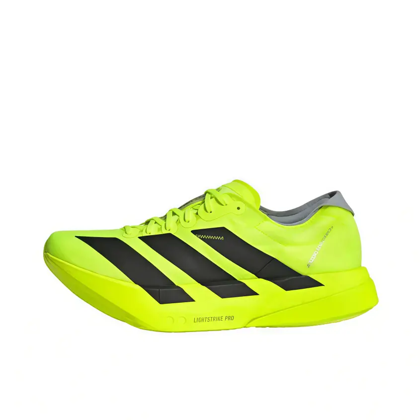 All-round performance racing sneakers fit intense training and daily casual wear. Smooth thin windproof textile keeps feet comfortable all day, bold black wide stripes create eye-catching color contrast against neon yellow base.