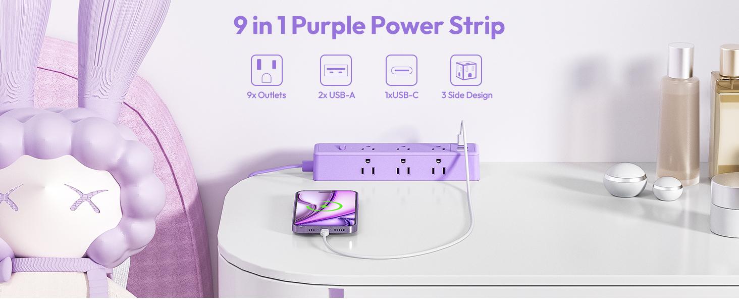 NTONPOWER Flat Extension Cord 5 ft/10 ft/15 ft/25 ft with 9 Outlets & 3 USB Ports Surge Protector Power Strip for Home Office Black/White/Pink/Purple