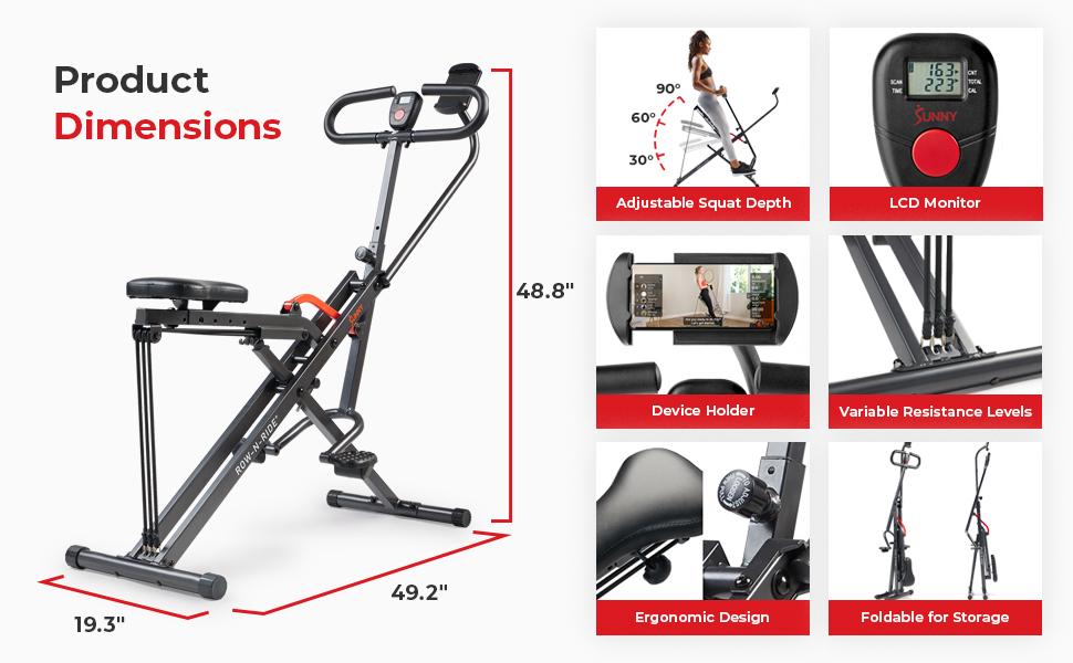 Sunny Health & Fitness Row-N-Ride Hybrid Rowing & Squat Machine Home Gym Workout Fitness Adjustable Resistance Compact Foldable Design 300 lbs Capacity