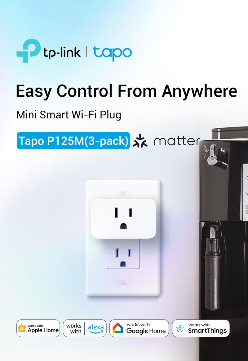 Tapo P125M (3-Pack) | Matter-Certified Mini Smart Plug, 15 A / 1,800 W | Works with Apple Home, Alexa, Google & SmartThings | Compact Flame-Retardant Design | Offline LAN Control | Bluetooth Easy Setup | 2.4 GHz Wi-Fi