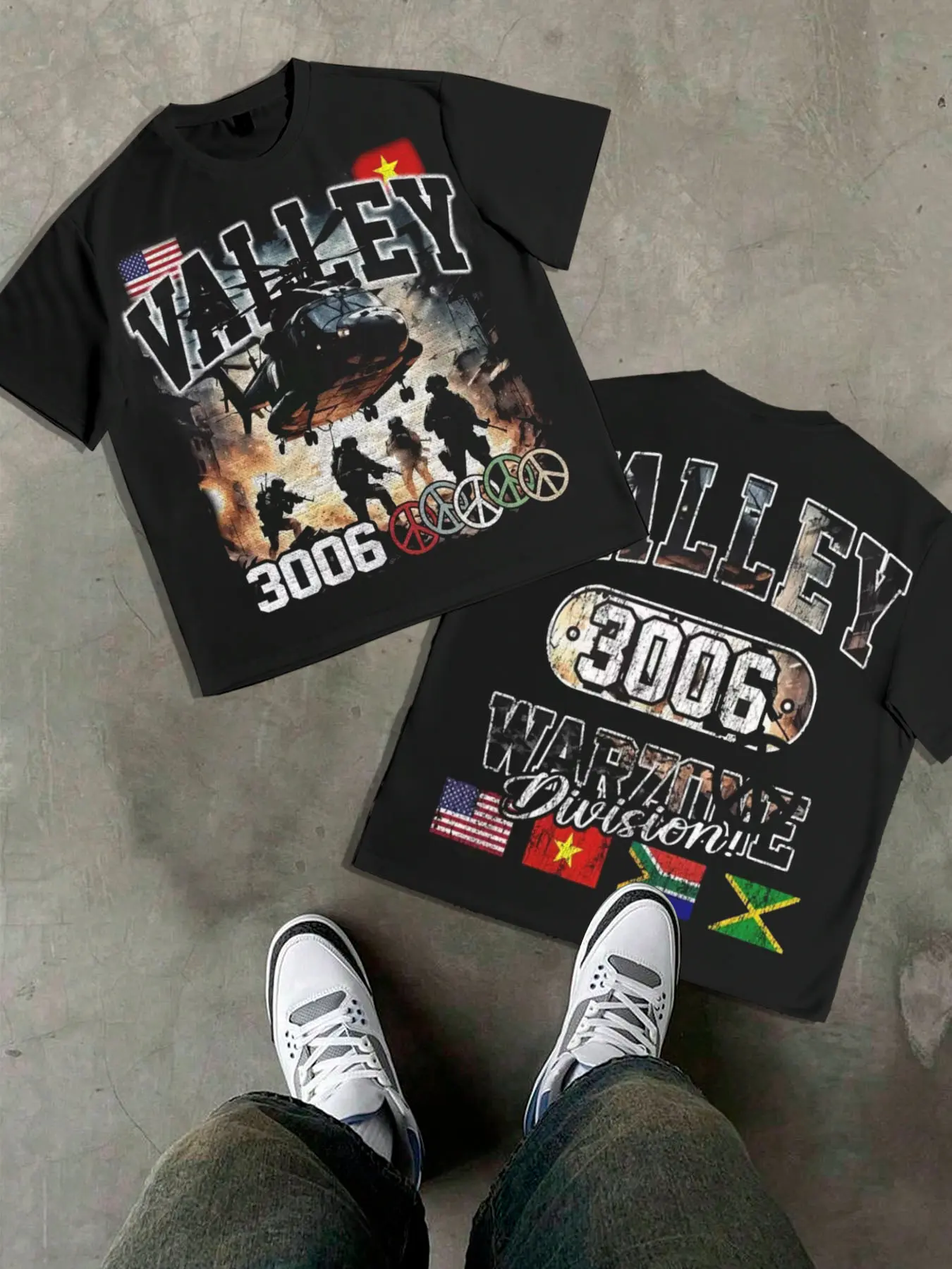 1 PCS Black Tee, "Valley 3006 Warzone Division" Military Helicopter Graphic Print, Retro Combat-Inspired Streetwear, 100% Cotton Breathable Unisex T-Shirt, Ideal for Daily Wear & Tactical Fans