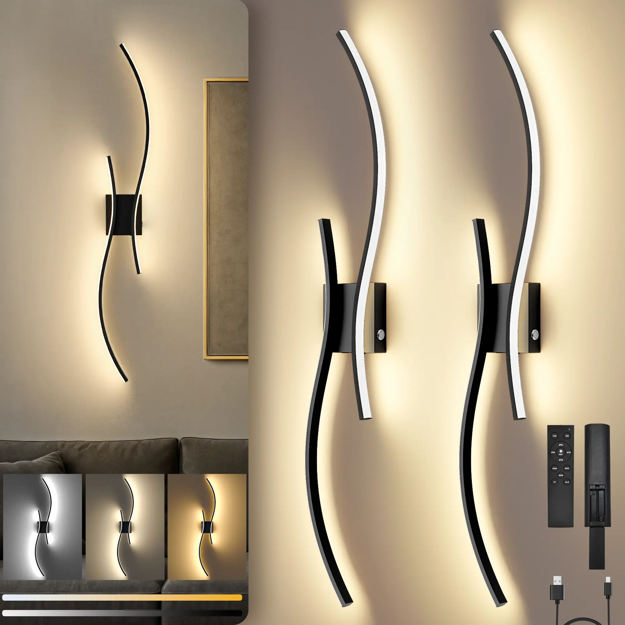 Battery Operated Wall Sconces Set of Two 10000mAh Rechargeable Modern LED Lights with Remote Control Dimmable 3CCT 31.5 Inch Cordless for Living Room Bedroom Hallway,dorm essentials,home decor,home essentials,camping essentials