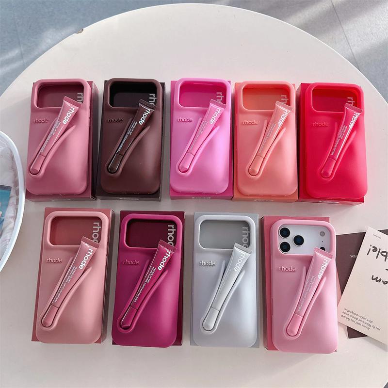 Stylish Rhode Lipstick Holder Phone Case for iPhone 11–17 Pro Max Plus – Soft Silicone Shockproof Protection with Luxury Beauty Design