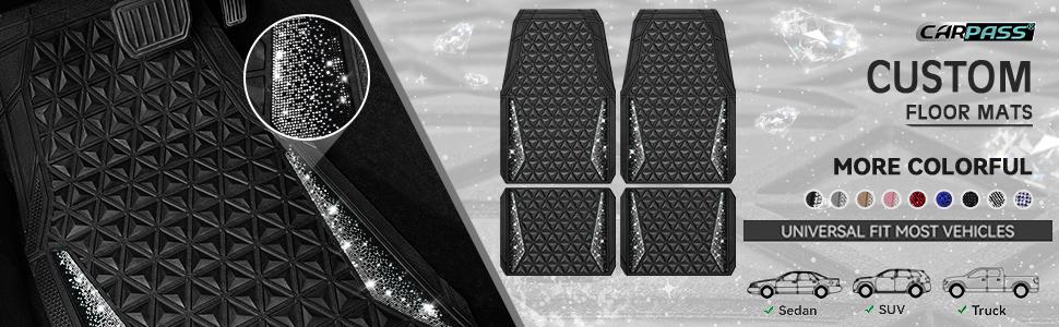 CAR PASS Bling Diamond Rhombus Rubber Leather Car Floor Mats, All-Weather for Car Full Set Durable Anti-Slip, Waterproof Trim Universal Fit,Sedan,SUV,Truck Vehicle Automotive