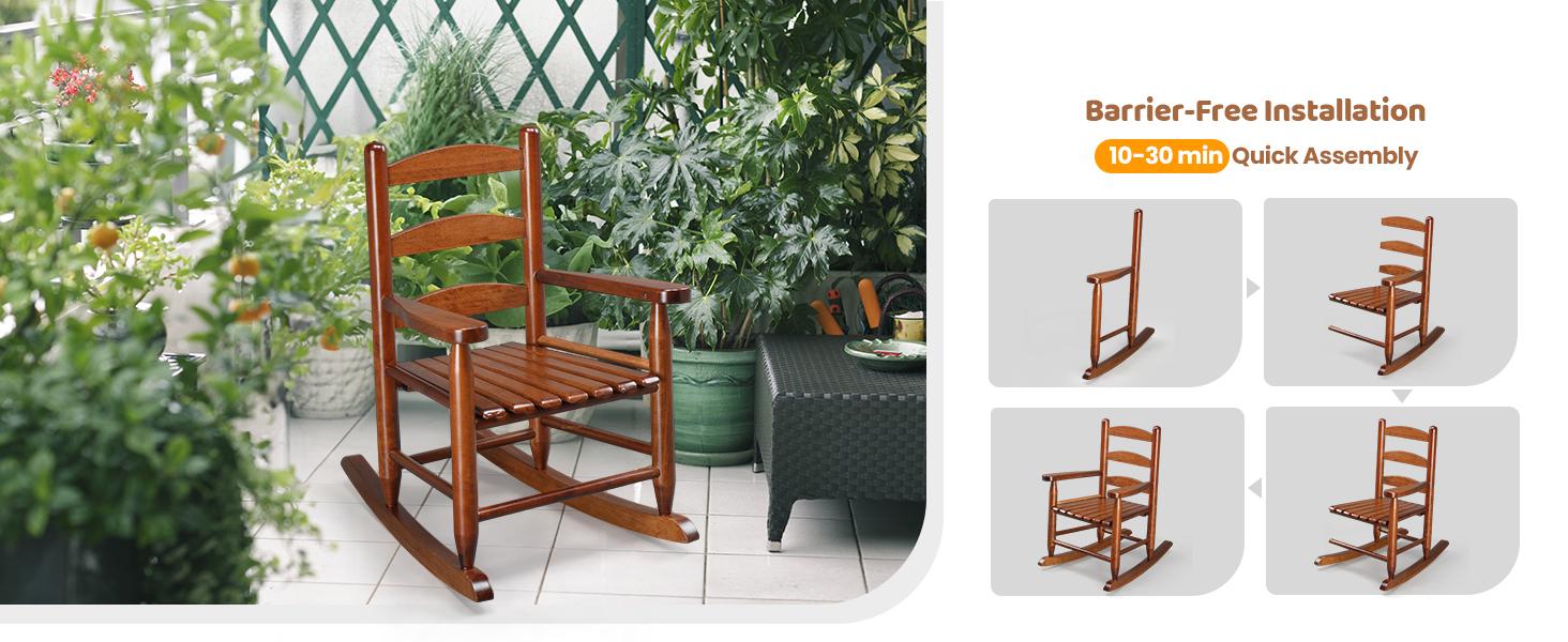 Joymor Outdoor Children's Rocking Chair, All-Weather Wooden Rocker with High Backrest, Ideal for Garden, Yard, and Balcony, Patio Rocking Chair Suitable for Ages 3-6, Teak