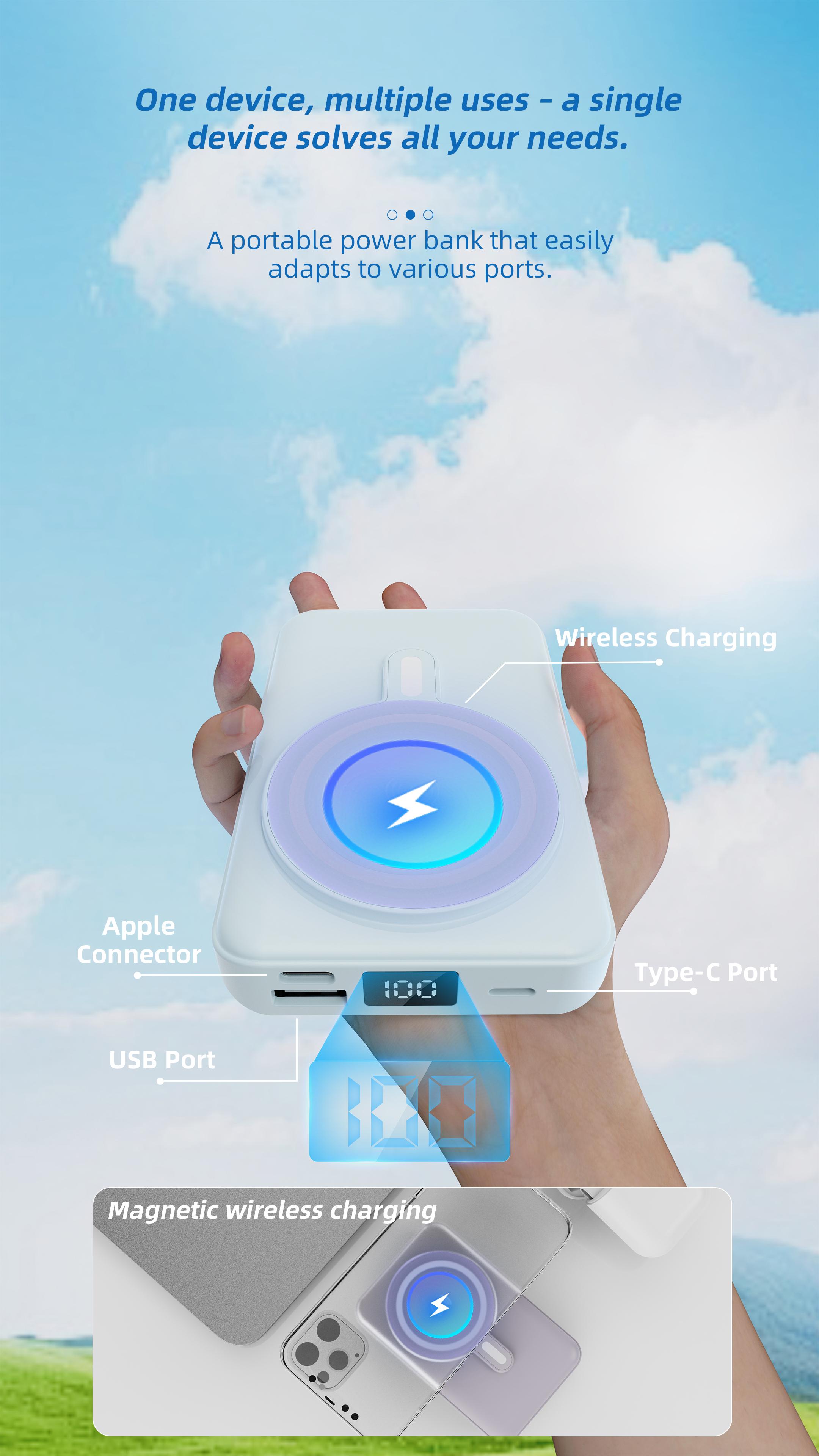 10000mAh Magnetic Power Bank, Wireless Portable Charger, Foldable Fast Charging MagSafe Battery Pack for iPhone with LED Display and USB-C Cable White Storage power bank Compact Chargeable Device Folding Travel Gadgets