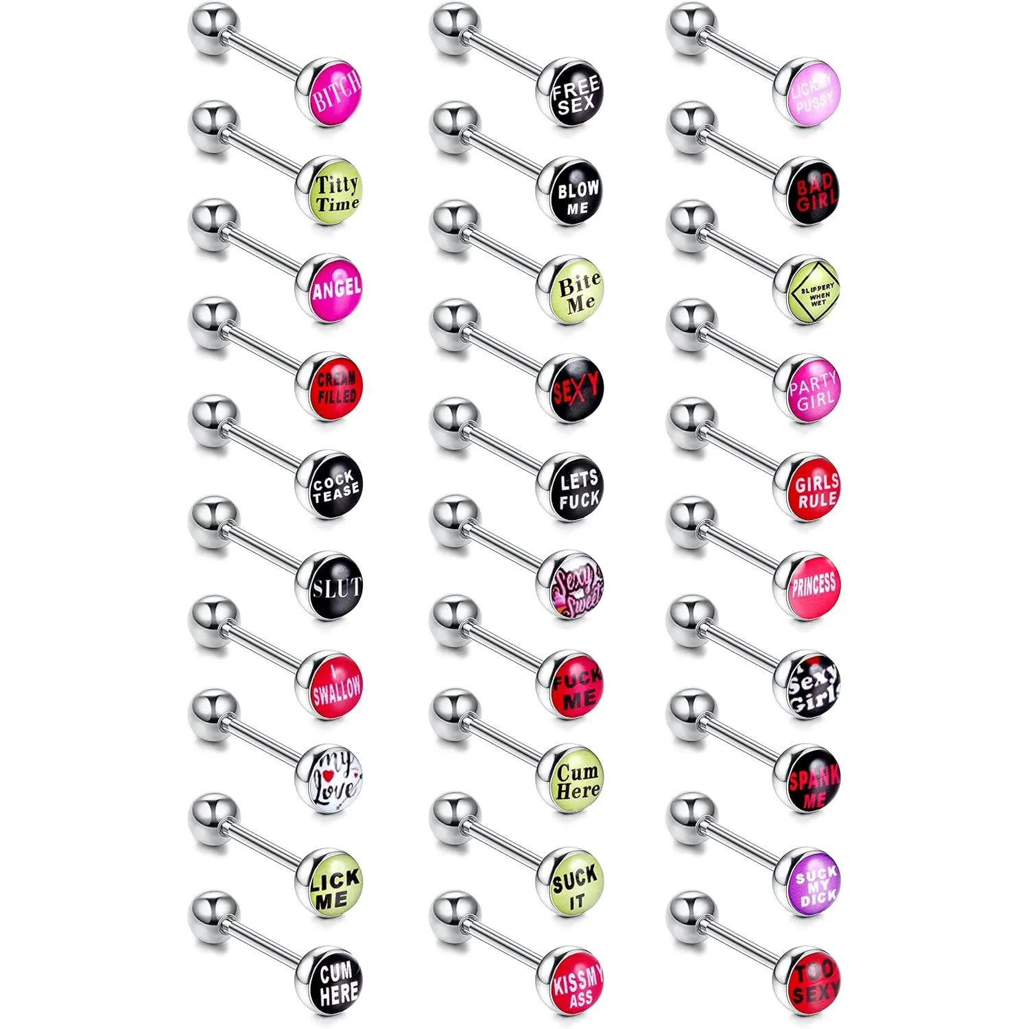 FLORIDECO Unisex 30pcs Metal Body Jewelry Set, Stainless Steel Straight Barbells with Logo Prints for Daily Wear, Tongue and Nipple Rings