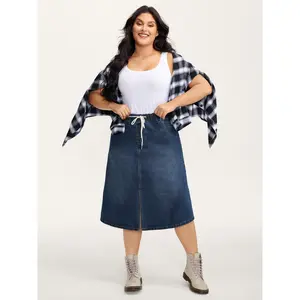 【Minimalist】BLOOMCHIC Plus Size Drawstring Front Slit Stretchy Waist Midi Denim Skirt [M-6X] 2026 Summer Vibes Swimweek