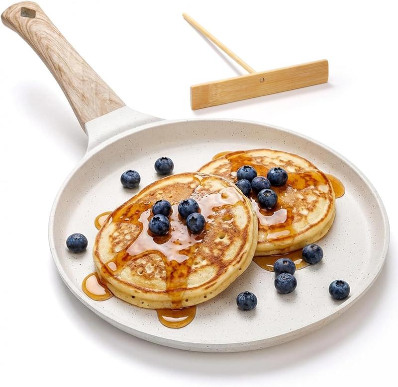 【AREL】Nonstick Crepe Pan with Spreader, 10-Inch Tortilla Pan with Detachable Handle, Ceramic Coating Pancake & Dosa Griddle, PFOA Free, Compatible with All Stoves & Induction (White)
