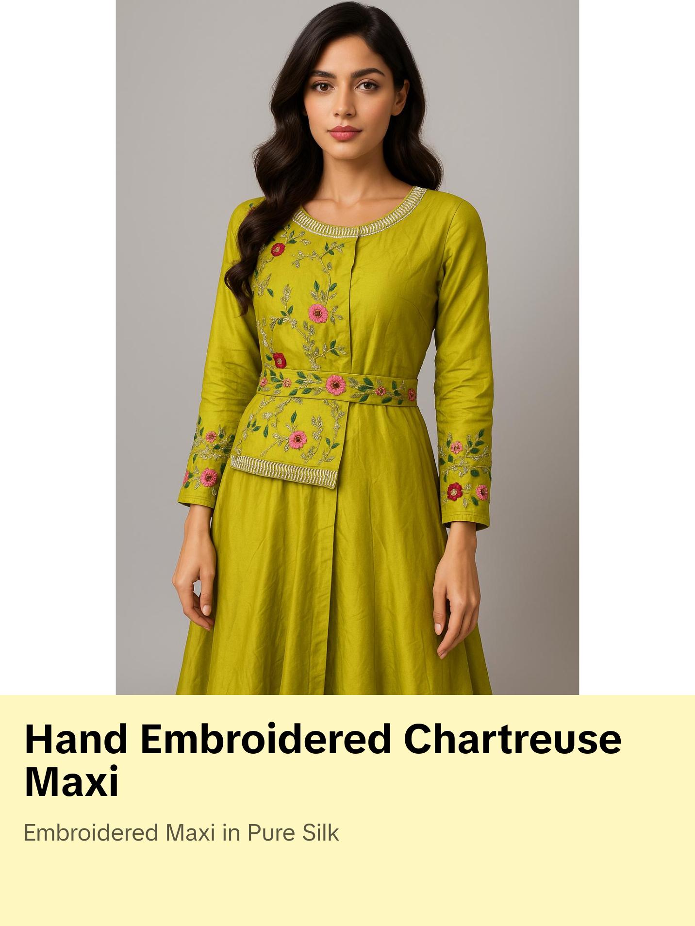 Hand Embroidered Chartreuse Maxi with Belt