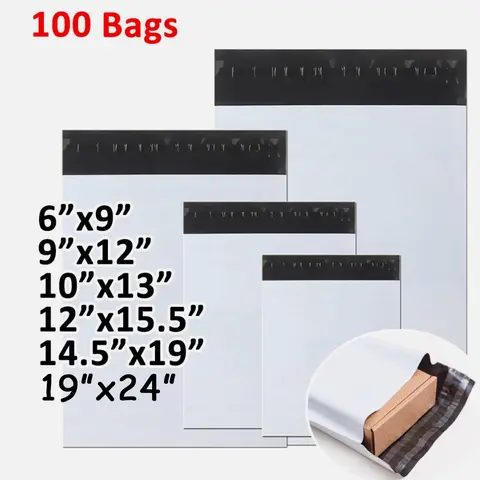 Sturdy Plastic Mailers Shipping Supplies - Pack of 100 Multi-Size Self-Sealing Postal Envelopes (6x9,9x12,10x13,12x15.5,14.5x19,19x24 in), Sturdy in Hand, Environmentally Friendly, Water-Resistant, Tear-Resistant Office Supplies with Black Inner Layer, Pl